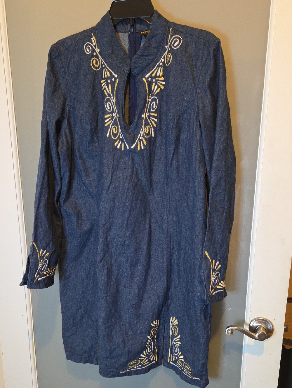 Embroidered Denim Tunic Dress in Dark Blue with Yellow Accents